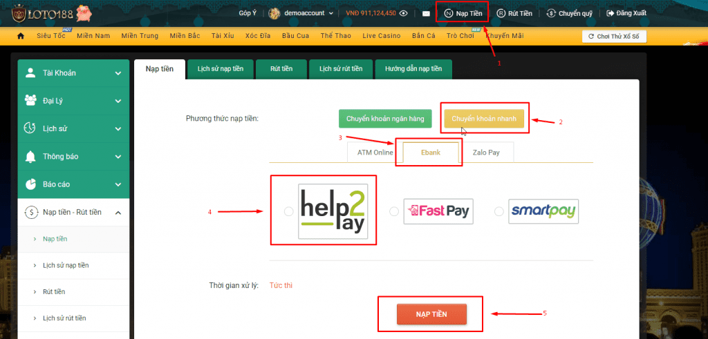 Nạp tiền tức thì với Help2pay