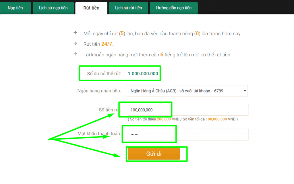 Nhập các thông tin rút tiền loto188