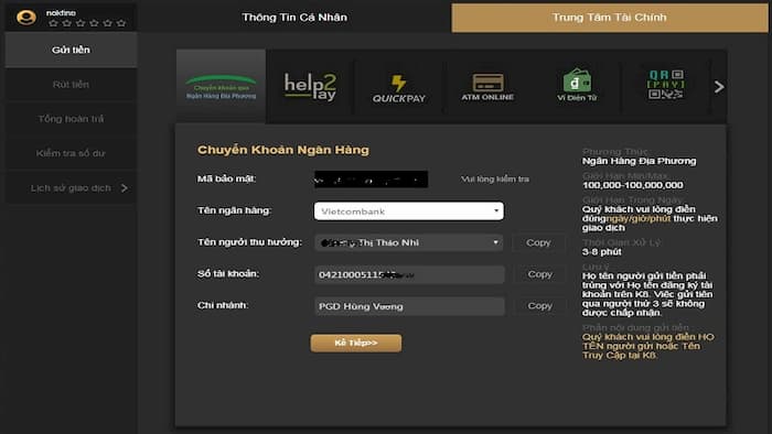 Nạp tiền k8 bằng cách chuyển khoản ngân hàng 