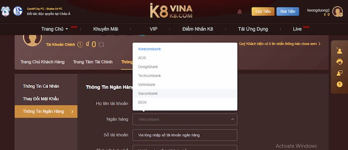 K8 liên kết với nhiều ngân hàng khác nhau