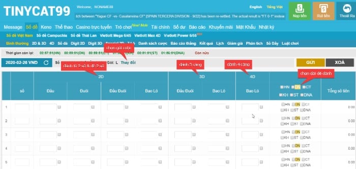 Giao diện trò lô đề của nhà cái Tinycat99 